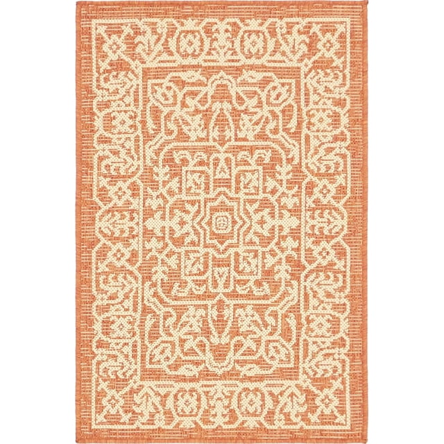 Unique Loom Botanical Collection Traditional Floral Border Transitional Indoor and Outdoor Flatweave Area Rug, 2' x 3', Terracotta/Beige