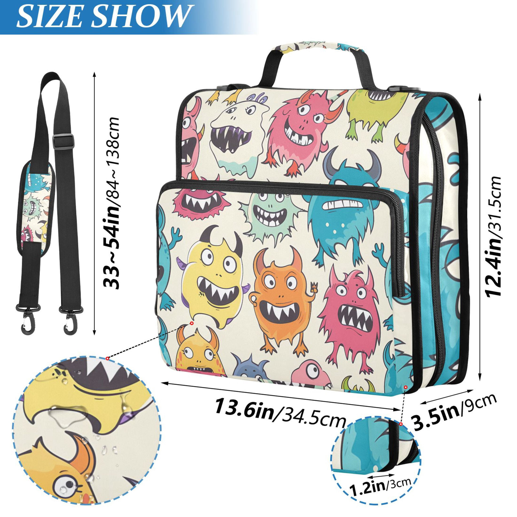 3 Ring Zipper Binder with Shoulder Strap Waterproof Trapper Keeper 2 Inch D-Ring 500 Sheets Capacity Cartoon Lovely Monsters