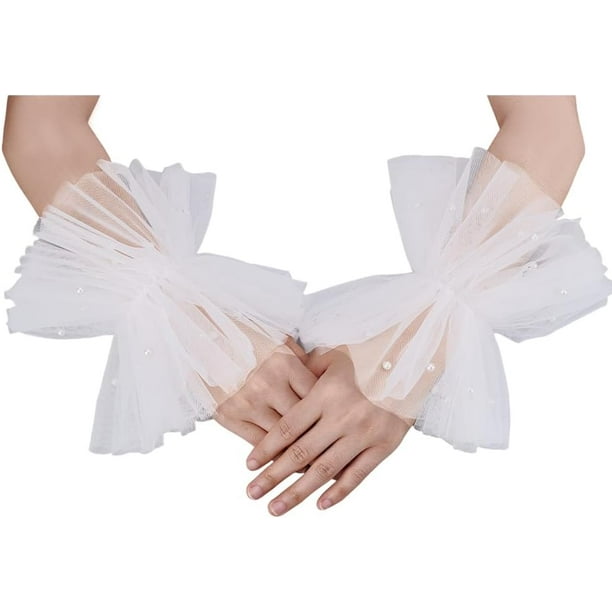 Un par de guantes cortos de encaje sin dedos, de 22 x 9 x 0,25 cm, de tul blanco perlado, ideales para bodas, Halloween, fiestas y disfraces.