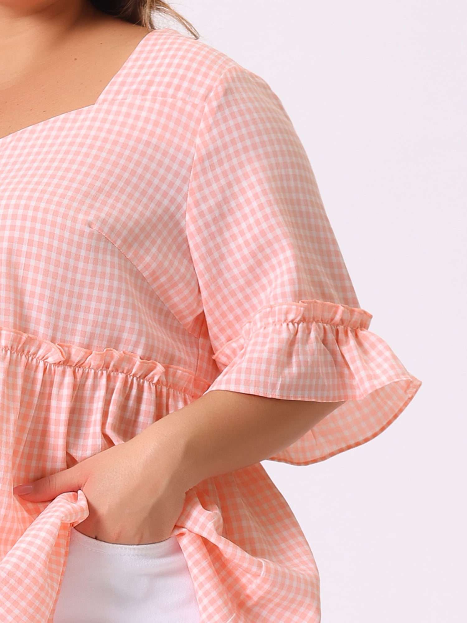 DARING DIVA Women's Plus Size Gingham Sweetheart Neck Ruffle Sleeve Blouse 2X Pink
