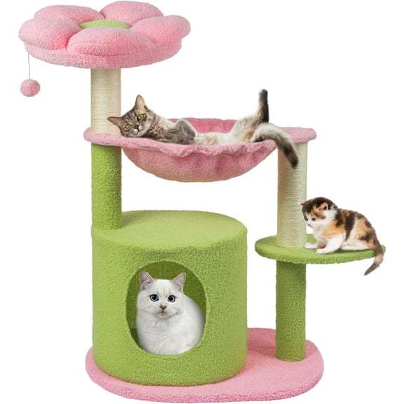 Cat Tree 33'' Cute Cat Tower Small Flower Cat Trees for Indoor Cat Condo with Hanging Toys Pink Large Top Perch for Kittens and Adults Cats