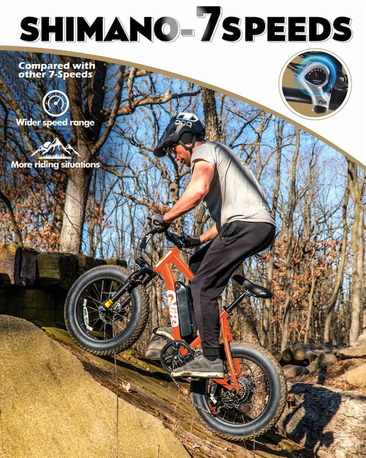 Qlife Racer Fat Tire Electric Bicycle for Adults, 28MPH Mountain Ebike with Peak 1200W Brushless Motor, Removable Battery, 20X4.0 Tire Step Over E-MTB with 7-Speed Orange