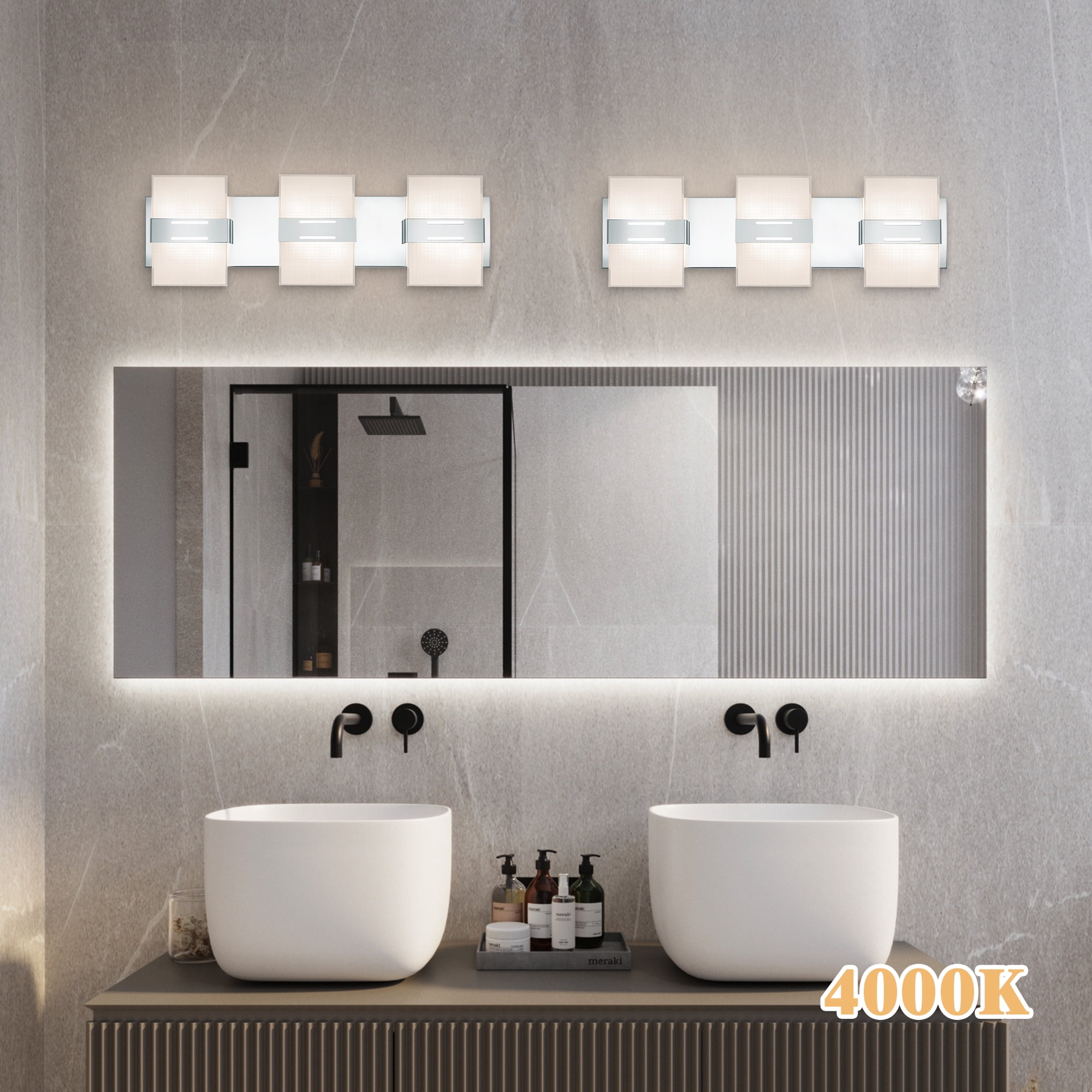Auffel Bathroom Light Fixtures LED Chrome Vanity Lights for Bathroom Dimmable Wall Sconce 3000K/4500K/6000K Stainless Steel Glass Vanity Lighting Fixtures 3-Light Wall Light for Restroom 22 Inch