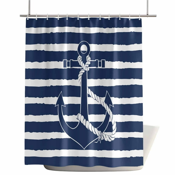 Shower Curtains for Bathroom-72"x72",Nautical Anchor on Stripes Waterproof Bath Curtain Grommet Shower Curtain Set with Hooks,Ocean Navy Blue and White Striped Washable Bath Accessories