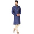 thumbnail image 3 of SKAVIJ Kurta Pajama Set for Men Jacquard Silk Wedding Dress Blue XL, 3 of 6