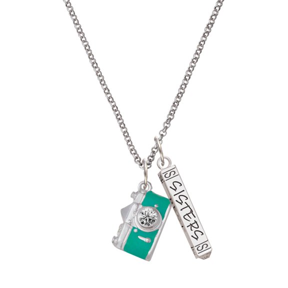 Delight Jewelry Silvertone Teal Camera Silvertone Sisters Best Friends Forever Bar Charm Necklace, 23"