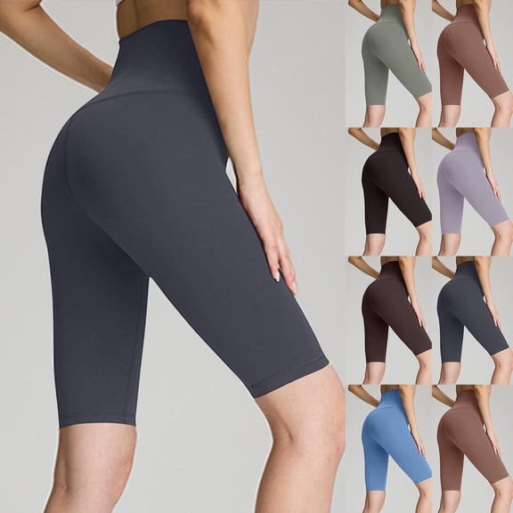 YanHoo High Waisted Biker Shorts for Women Stretchy Slim Fit Solid Color Yoga Short Summer Quick Dry Knee Length Workout Shorts