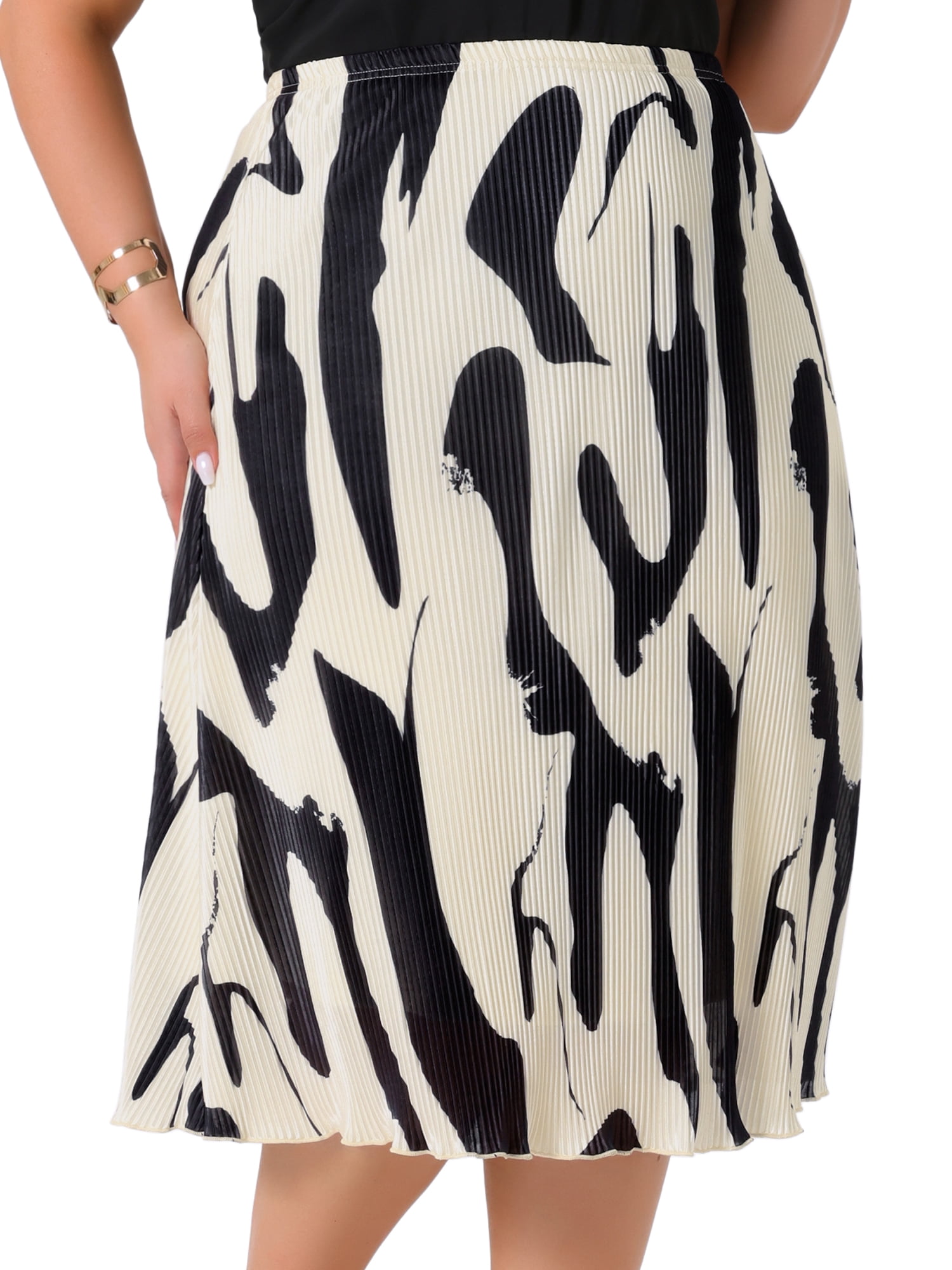 DARING DIVA Women's Plus Trendy Summer Print Pleated High Waisted Midi Skirt 1X Black