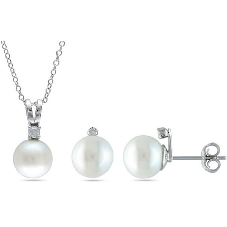 Miabella 8-8.5mm White Round Cultured Freshwater Pearl and Diamond-Accent Sterling Silver Pendant and Stud Earrings Set, 18