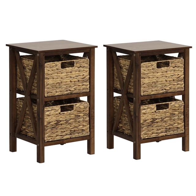 Costway Juego De 2 Mesitas De Noche De 3 Niveles, Estrecha Con Diseño En X Con 2 Cestas De Pasto Marino, Con Patas De Madera De Acacia, Gabinete De Almacenamiento Para Sala De Estar, Dormitorio, Nogal