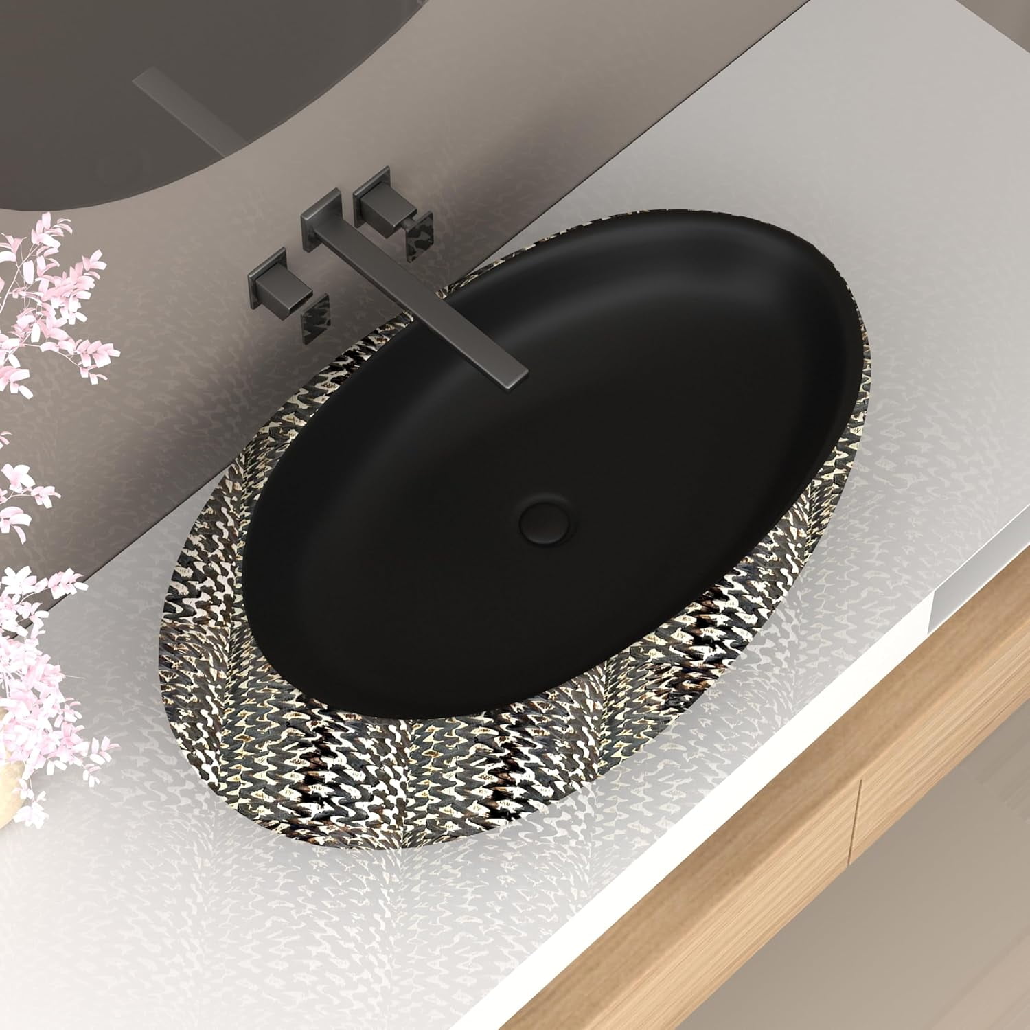 WinZo Bathroom Artistic Vessel Sink, 23"W×15"D×5.9"H Egg-Shaped Sink Retro Ceramic Washbasin Above Counter for Bathrooms, Modern Countertop Bowl Sink, Carved Black