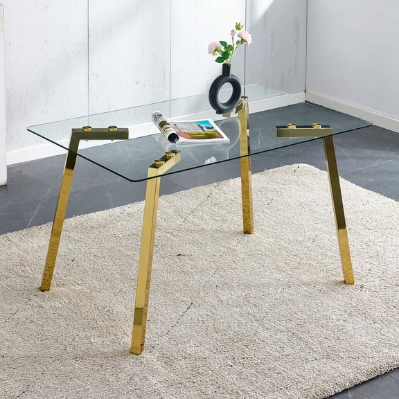 LifeSky Modern Minimalist Rectangular Tempered Glass Dining Table for Kitchen Dining Room Living Room: Easy 10-Second Wipe Clean, Holds 100 lbs - 51" x 31.5" x 29.5" - Golden Metal Legs