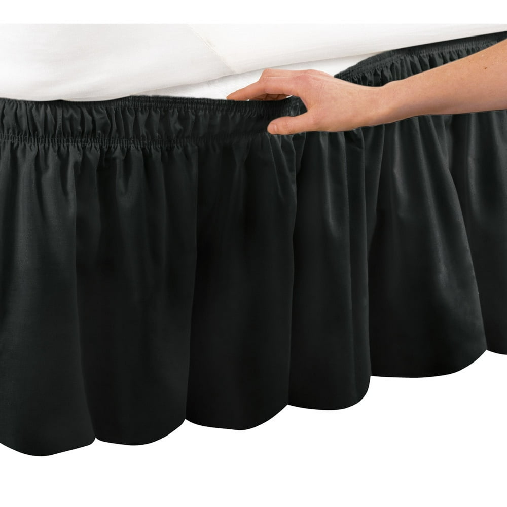 Wrap Around Bed Skirt, Easy Fit Elastic Dust Ruffle, Queen/King, Black