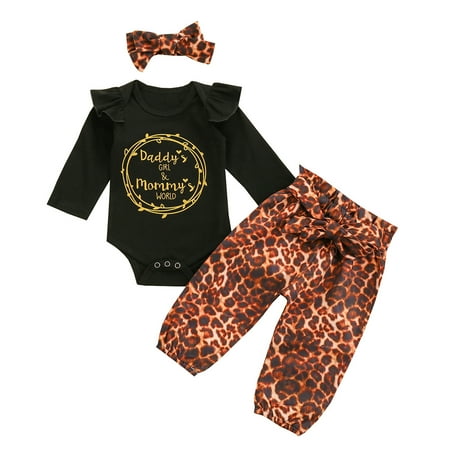

Fesfesfes Newborn Baby Jumpsuit Girls Letter Romper+ Leopard Pants +Headbands Outfits Set Sale Tops on Clearance