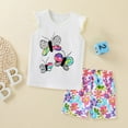 thumbnail image 2 of Otqutp Toddler Beach Outfits for Spring Summer Girls' Suit Cute Butterfly Flower Print Short Sleeved Knitted Cotton Round Neck T Shirt Set, 2 of 7