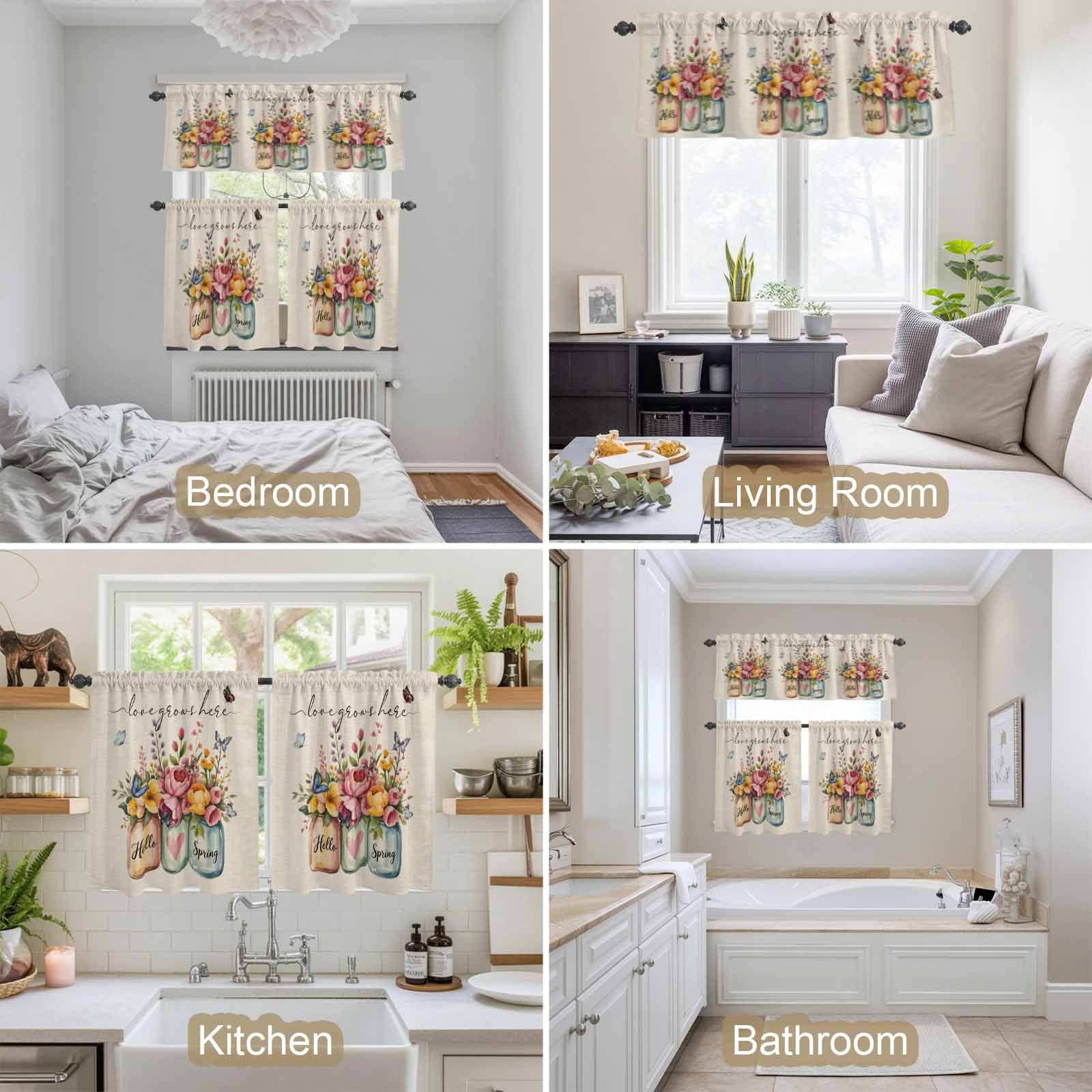 Hello Spring Kitchen Curtains Valances and Tiers 3pcs Love Grows Here Color Flowers Leaf Retro Linen Tier Curtains and Valance Rod Pocket Valance Curtains Set for Kitchen Bathroom 27.5"x36"