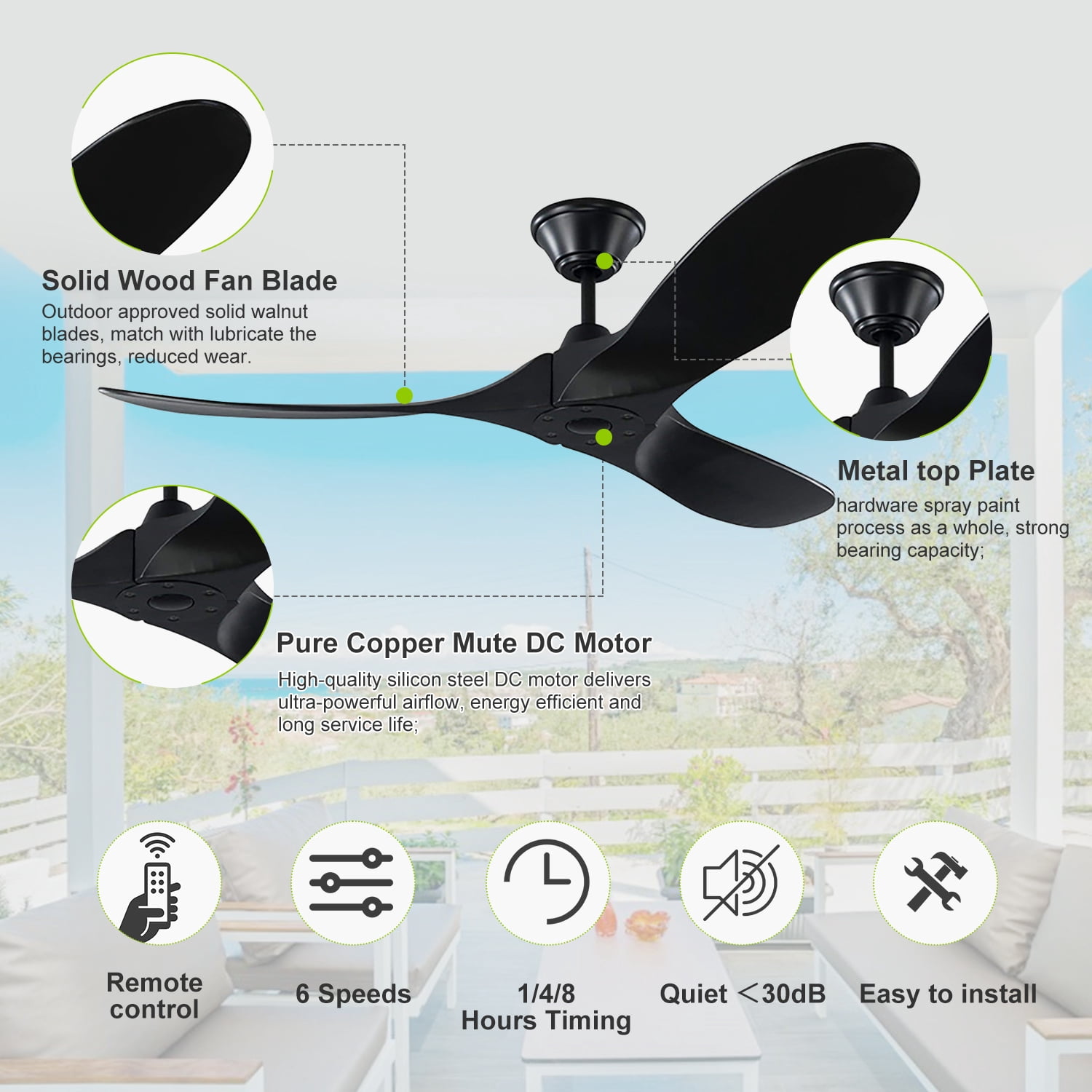 60 inch Modern Black Outdoor Ceiling Fan with Remote, No Light, Quiet Reversible DC Motor
