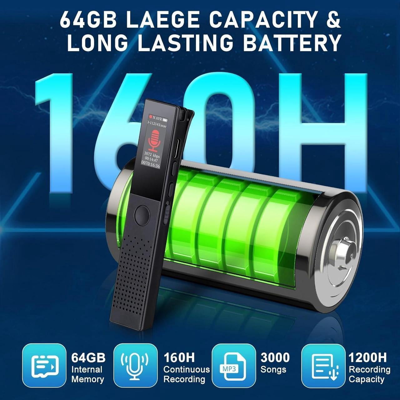 64GB Digital Voice Recorder - Bluetooth Playback, 3072KBPS Voice Activation, Password Protection - Ideal for Lectures, Meetings, Interviews.