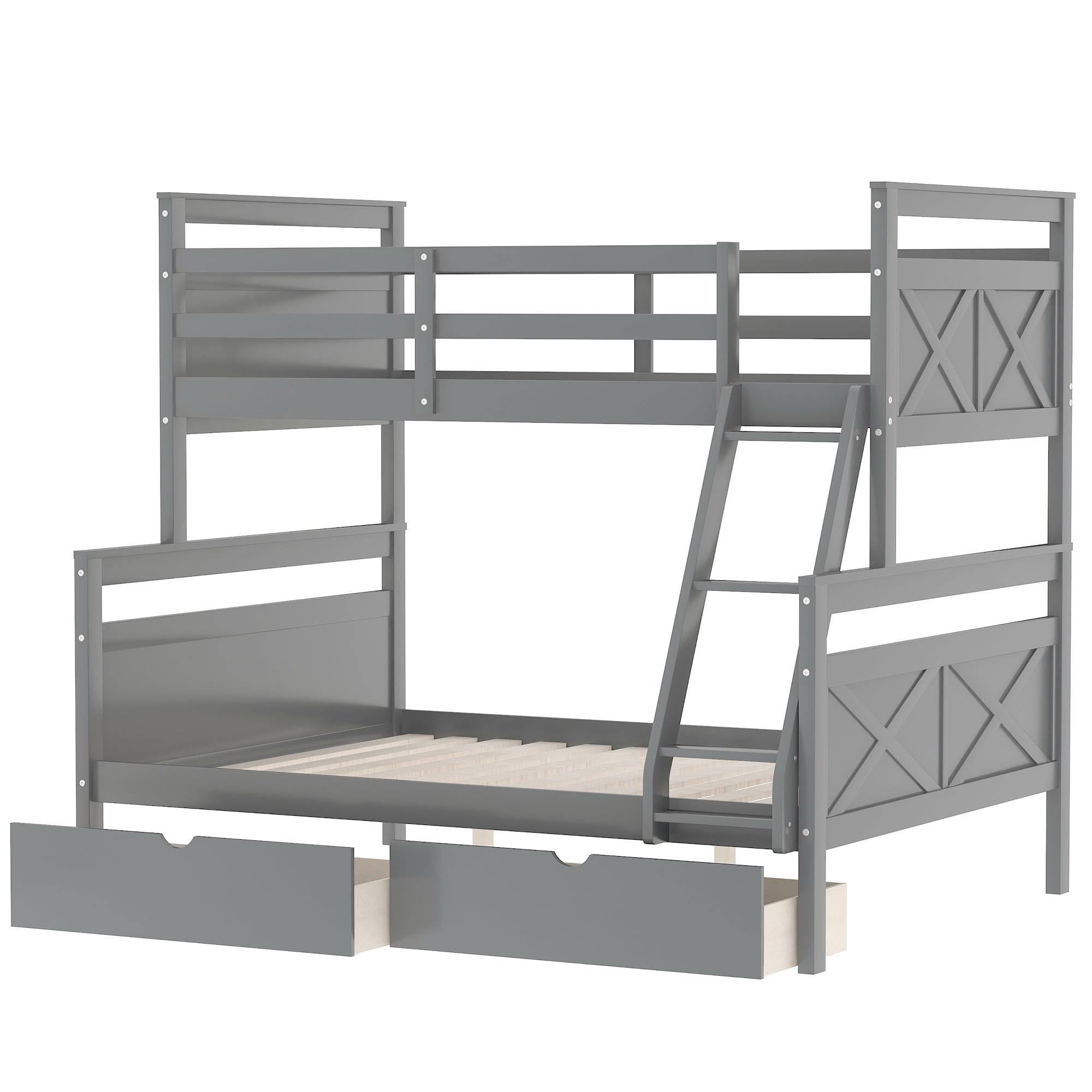 Euroco Modern Solid Wood Convertible Twin over Full Kids Bunk Bed Frame with Ladder, White, Gray