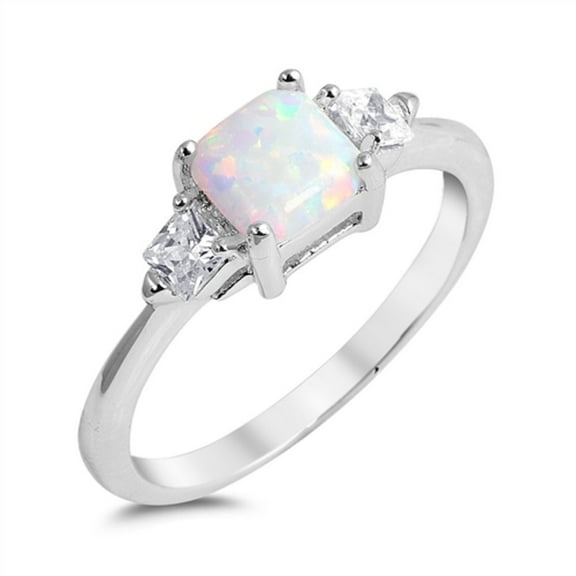 Princess Cut Simulated Opal Cubic Zirconia Ring Sterling Silver 925