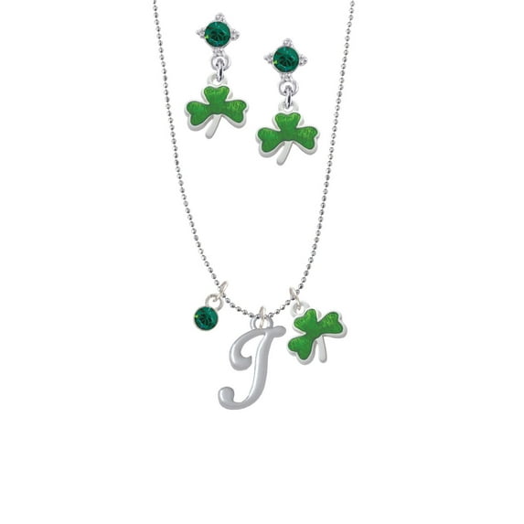 Delight Jewelry Silvertone Small Gelato Script Initial - I - Green Shamrock Necklace and Clover Earrings Jewelry Set