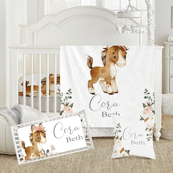 KAINSY Custom Floral Horse Crib Bedding Sets for Baby Boys Girls,Personalized Toddler Double Layer Blanket Set with Name ,3 Pcs Baby Crib Sets, Fitted Crib Sheet Set Style30