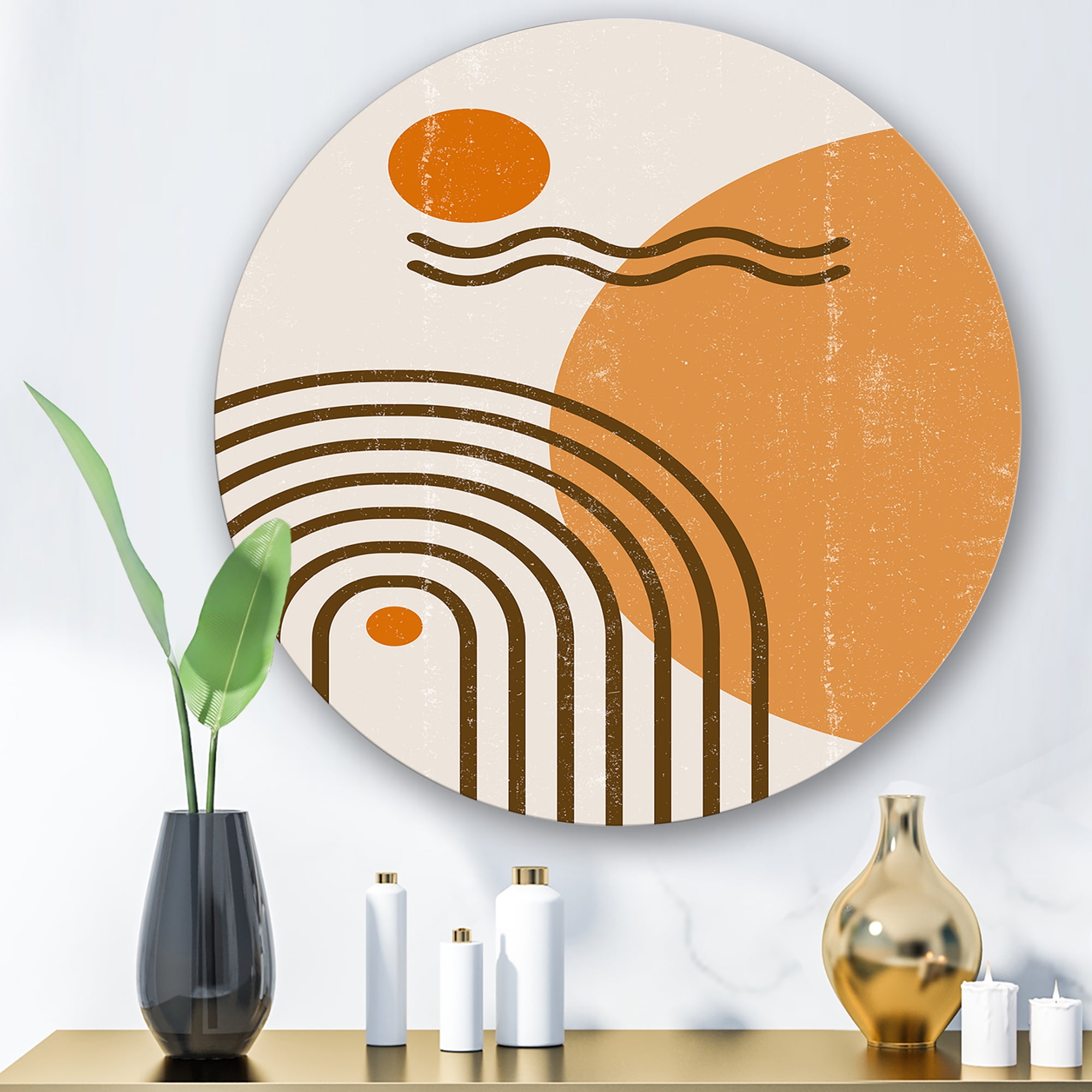 Designart 'Abstract Rainbow Moon and Sun In Earth Tones II' Modern Circle Metal Wall Art 23x23 - Disc of 23