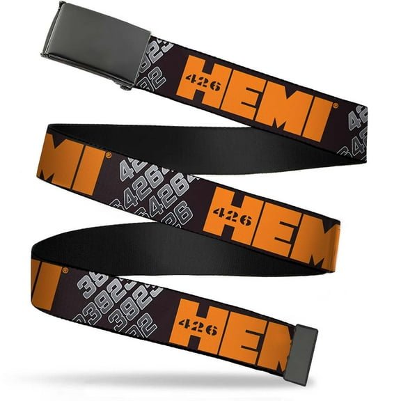 Adjustable Belt, Clamp Buckle, Cut-to-Fit, Hemi 426 Logo 392 426 Black Orange Silver Fade