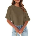 thumbnail image 3 of TKLPEHG Women's Tops Short Sleeve T Shirts Solid Color Casual Summer Round Neck Short Tshirt Going Out Tops Loose Lightweight Blouses(Khaki,L), 3 of 7
