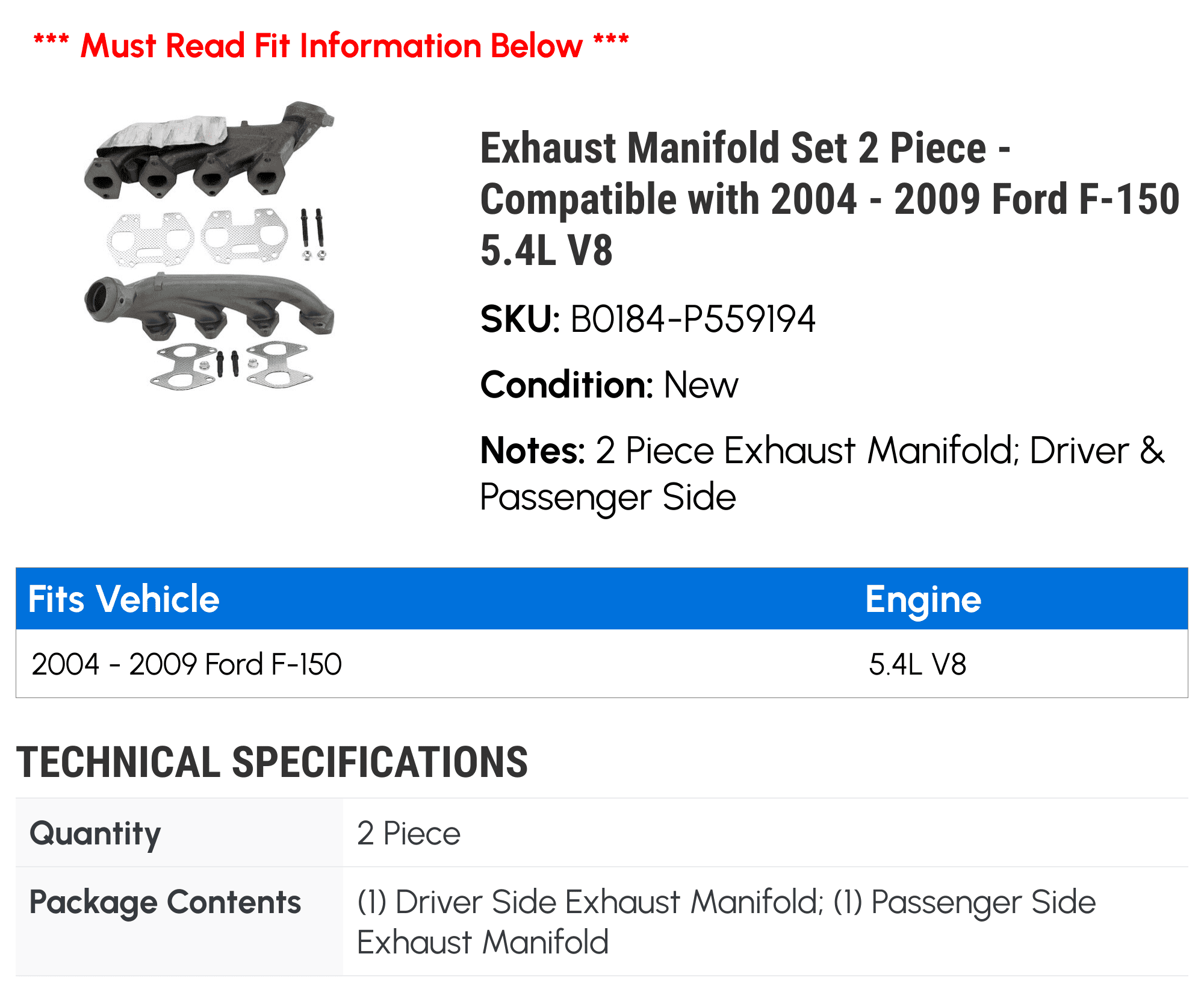 Exhaust Manifold Set 2 Piece - Compatible with 2004 - 2009 Ford F-150 5.4L V8 2005 2006 2007 2008