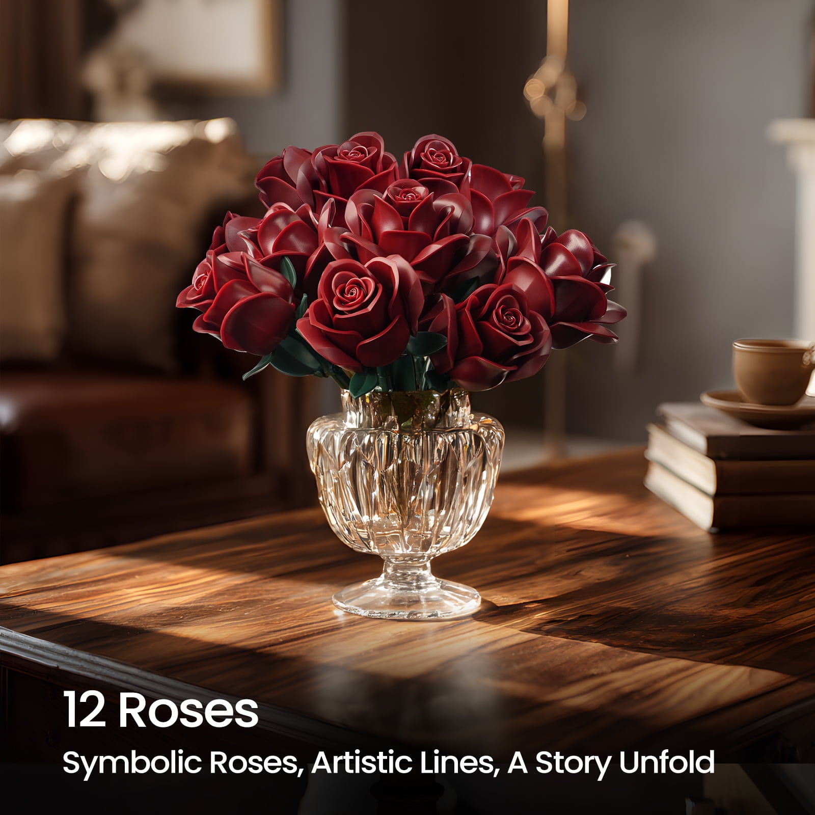 Burgundy Red Rose Bouquet Building Set, While Red Flowers for Adults Women, Botanical Collection Gift for Halloween & Valentines - Artificial Plant Gothic Home Decor
