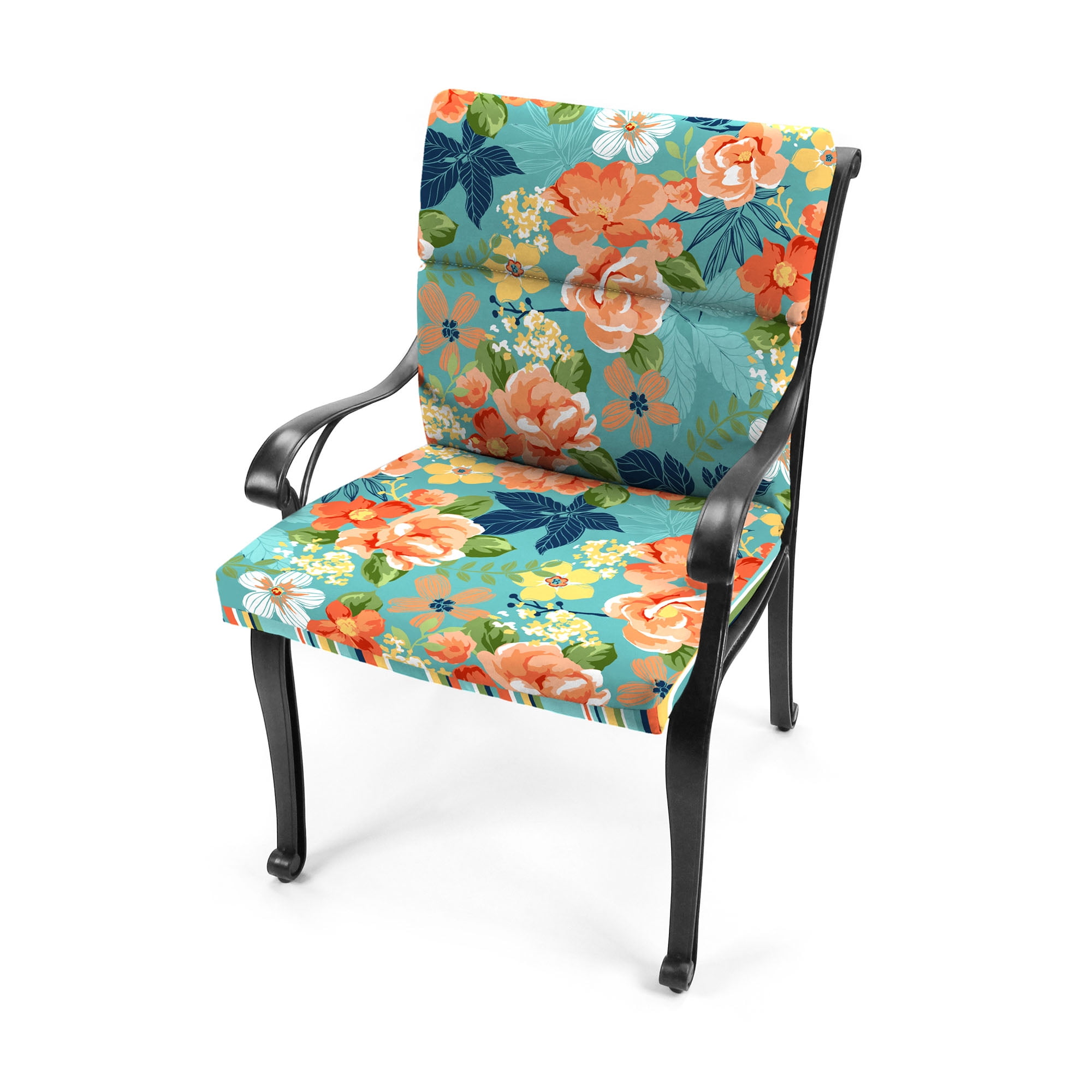 Jordan Manufacturing 44" x 22" Mamba Pelican Turquoise Stripe and Senorita Pelican Turquoise Floral Reversible Rectangular Outdoor Chair Cushion with Ties and Hanger Loop