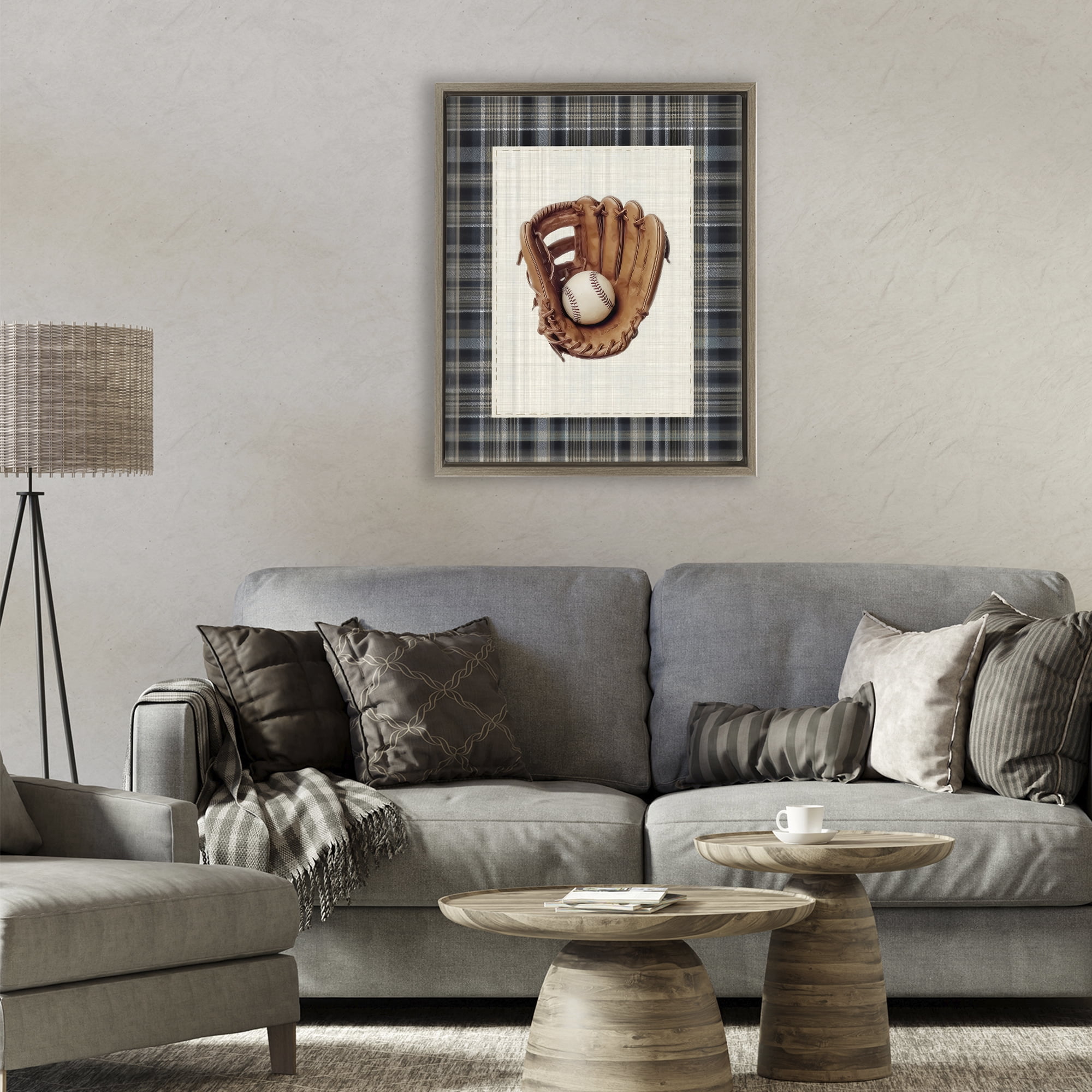 Stupell Industries Baseball Glove with Plaid Brown Framed Floater Canvas Wall Art, design by Arlington Prints