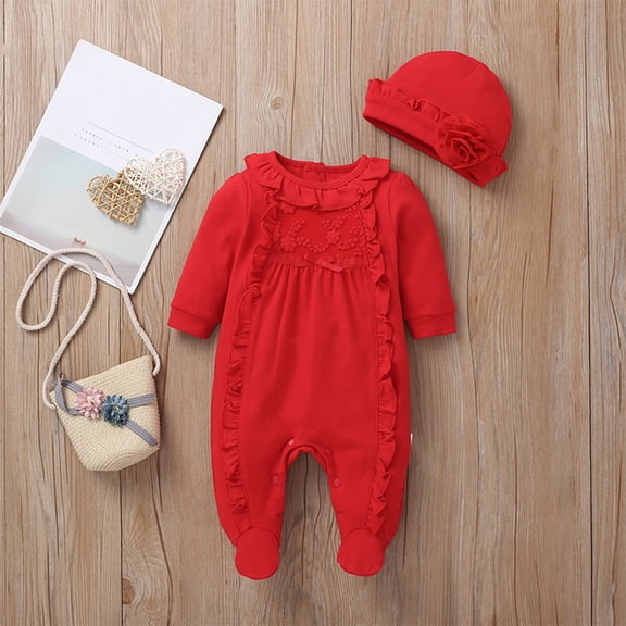 XXWXYD Kids Baby Girl Ru𝖿fled Cotton Rompe𝗋, Footed Overall Jumpsuit with Hat, Cute Rompe𝗋 Footie Pajamas for Toddler Loun𝗀ewear