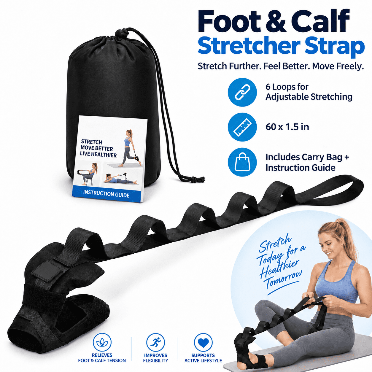 Foot and Calf Stretcher Strap with 6 Loops for Plantar Fasciitis, Heel Pain, Achilles Tendonitis, Yoga Leg Stretch, 60 x 1.5 in