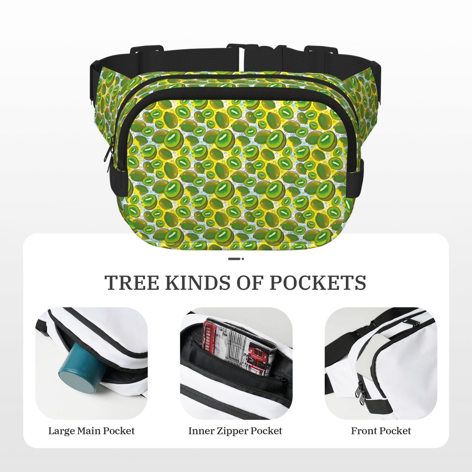 Fuzoiu Kiwi Fruits Summer Print Unisex Square Double Layer Waist Bag,Crossbody Fanny Pack Travel Workout Accessory
