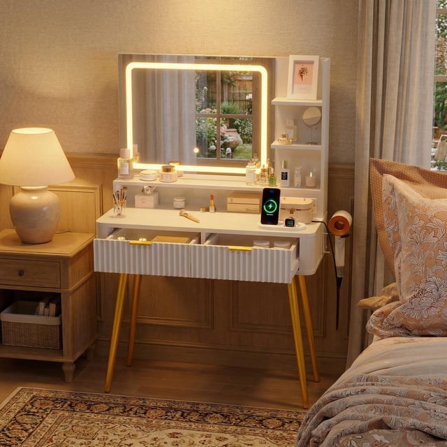 Fluted Vanity Desk with Mirror and Lights, 31 in Small Makeup Vanity Storage Cabinet & 2 Drawers, 3 Lighting Modes, Stylish Dressing Table for Bedroom