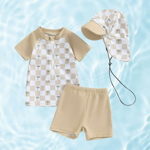 JIAYUE Boys Girls Summer Swimsuits Set Plaid Short Sleeve Drop Shoulder Crew Neck Zipper Two-Piece Sets Shorts with Hat For Toddler Stylish Bathing Suit