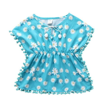 Girl Party Princess Dress Clothes Toddler Kids Baby Girls Swimwear Cover Up Summer Leopard Rainbow Tassel Beach Dress Pompom Poncho Rash Guards Swimsuits Bikini Cover Ups