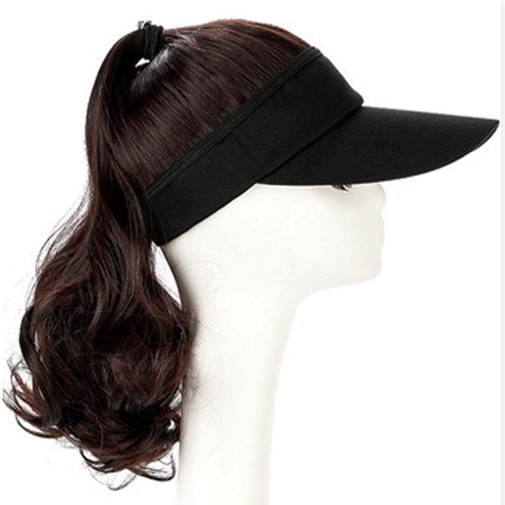 YEKEYI Outdoor Wig Hat with Hair Ponytail - Baseball Cap with Wavy Brown Women's Wig (Black)
