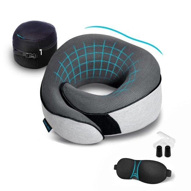 Almohada cervical de viaje Proglobe para aviones con máscara para ojos y tapones para los oídos