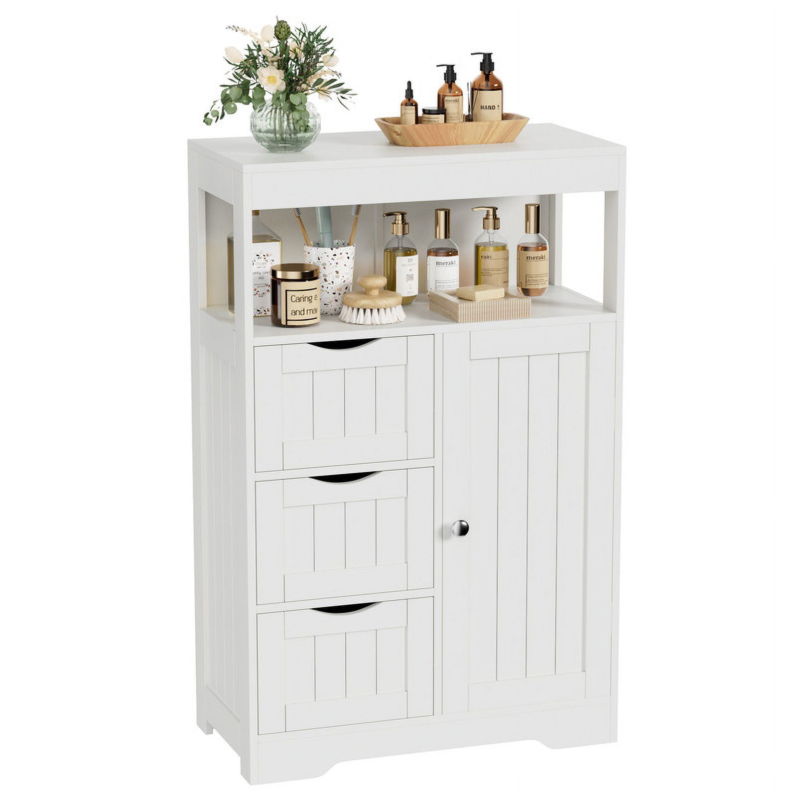 Homall Wood Bathroom Floor Cabinet with 3 Drawers and 1 Cupboard Free Standing Storage Organizer Hallway Entryway Cabinet for Living Room Kitchen, White