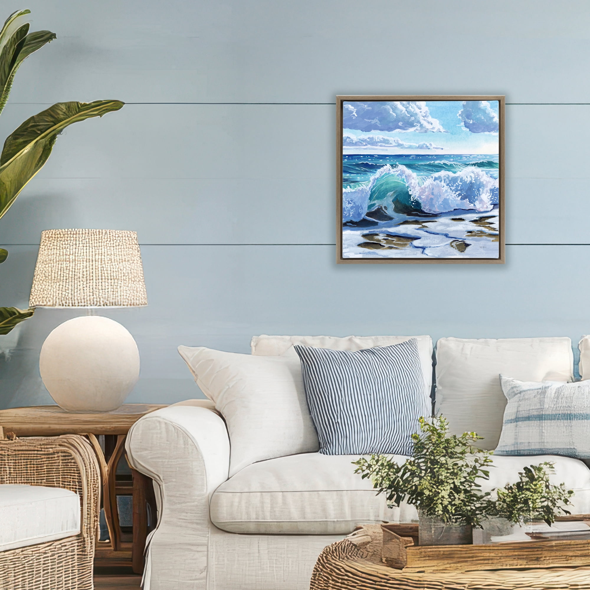 Stupell Industries Curling Aqua Wave on Shore Brown Framed Floater Canvas Wall Art, design by Kate Jarvik Birch