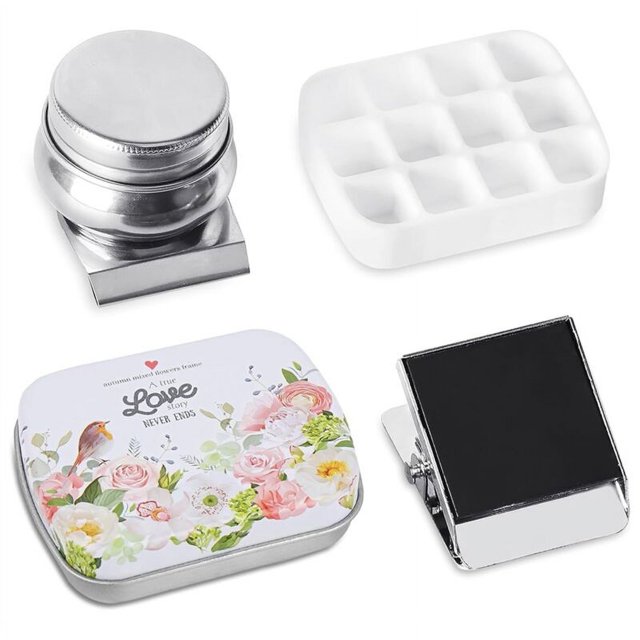 Mini caja de hojalata portátil, paleta de acuarela vacía de 12 pocillos, pequeños kits de almacenamiento de pintura con clip magnético y bote, C