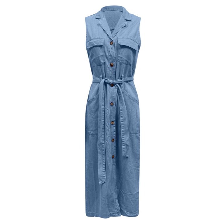 TIANZEN Women's Casual Denim Dress Sleeveless Button Down Maxi Dress With  Adjustable Belt For Beach Spring Summer Deep V Neck Dress Postpartum Dress  for Women Loose Dress for Women - Walmart.com