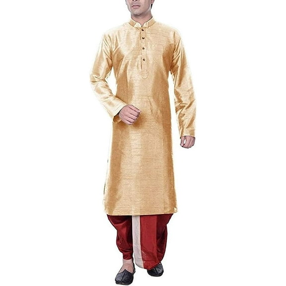 Royal Kurta Men's Cotton Silk Dhoti Kurta Set (42, Gold-Maroon)