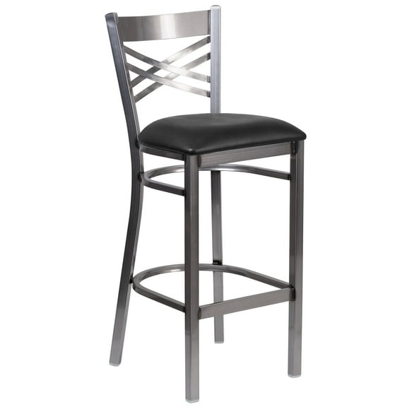 Flash Furniture HERCULES Series Silver Antique Finish with Clear Coat ''X'' Back Metal Restaurant Barstool - Black Vinyl Seat