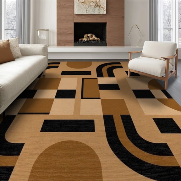 ODIKA 6'x9' Tan Black Geometric Abstract Modern Design Washable Area Rug Mid Century Contemporary Curved Lines Rectangular Shapes Artistic Non-Slip, Easy Care, for Family Room, Living Mater Bedroom