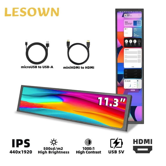 LESOWN 11.3 inch Stretched Portable Monitor Raspberry Pi Secondary Screen HDMI 440x1920 IPS LCD Strip Display CPU Temperature Monitoring for Aida64 PC
