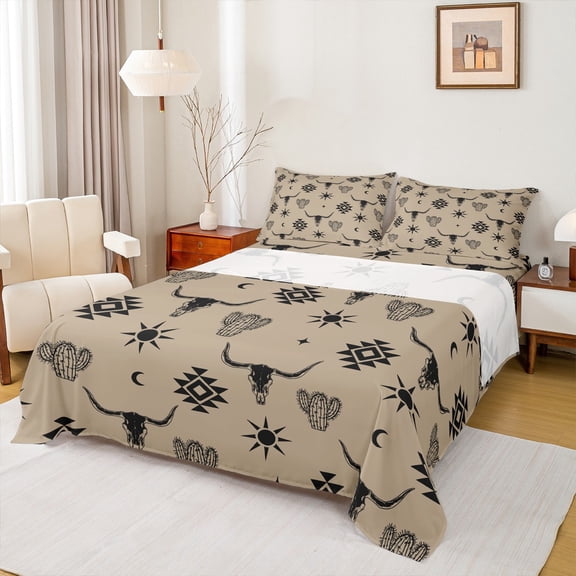 Feelyou Brown Sheep Skull Twin Sheet Sets for Men, Vintage Western Aztec Twin Fitted Sheet, Hippie Bohemian Style Flat Sheet, Breathable Home Decor, 3 Pieces